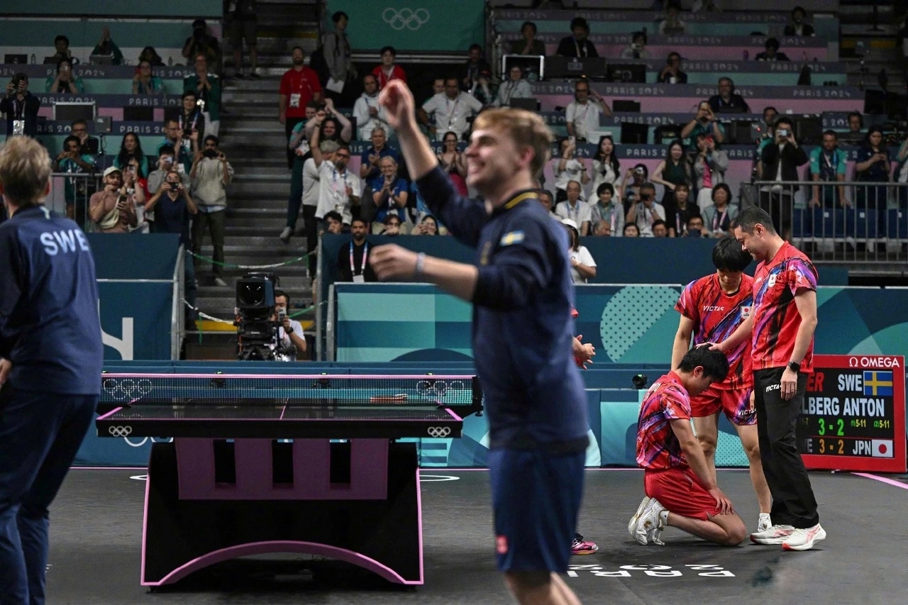 包含法国乒乓球队爆冷瑞典乒乓球队，张本智和统治全场的词条